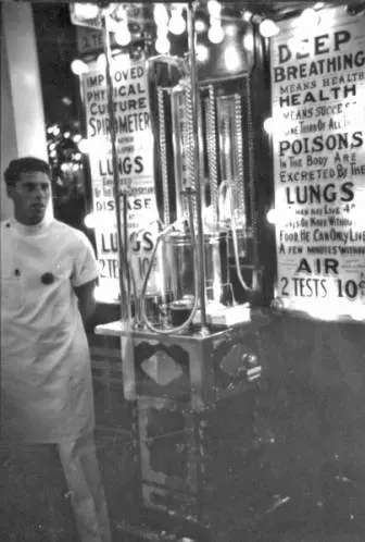 Tests were cheaper back then! Two tests for 10 cents. The white-coated attendant completes the picture.