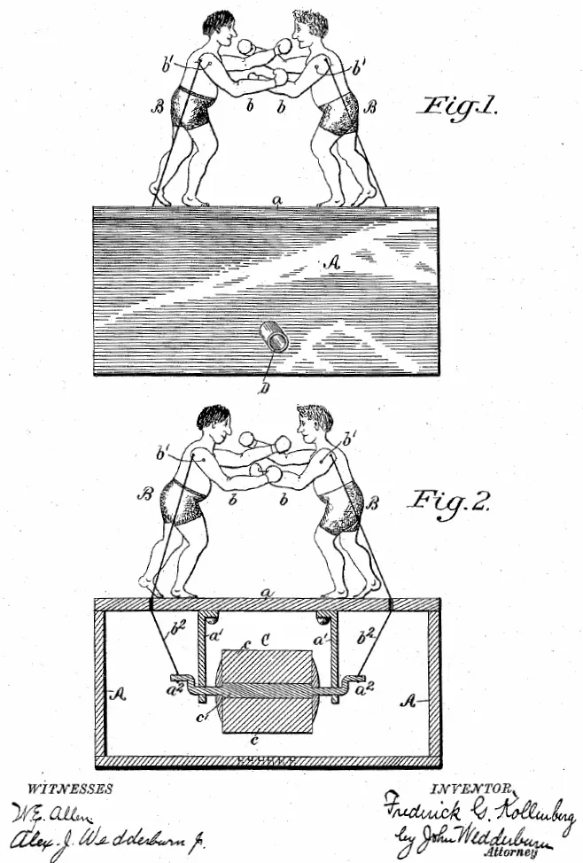 A spirometry &ldquo;toy&rdquo;. Blowing into the mechanism made the figures box with each other. 