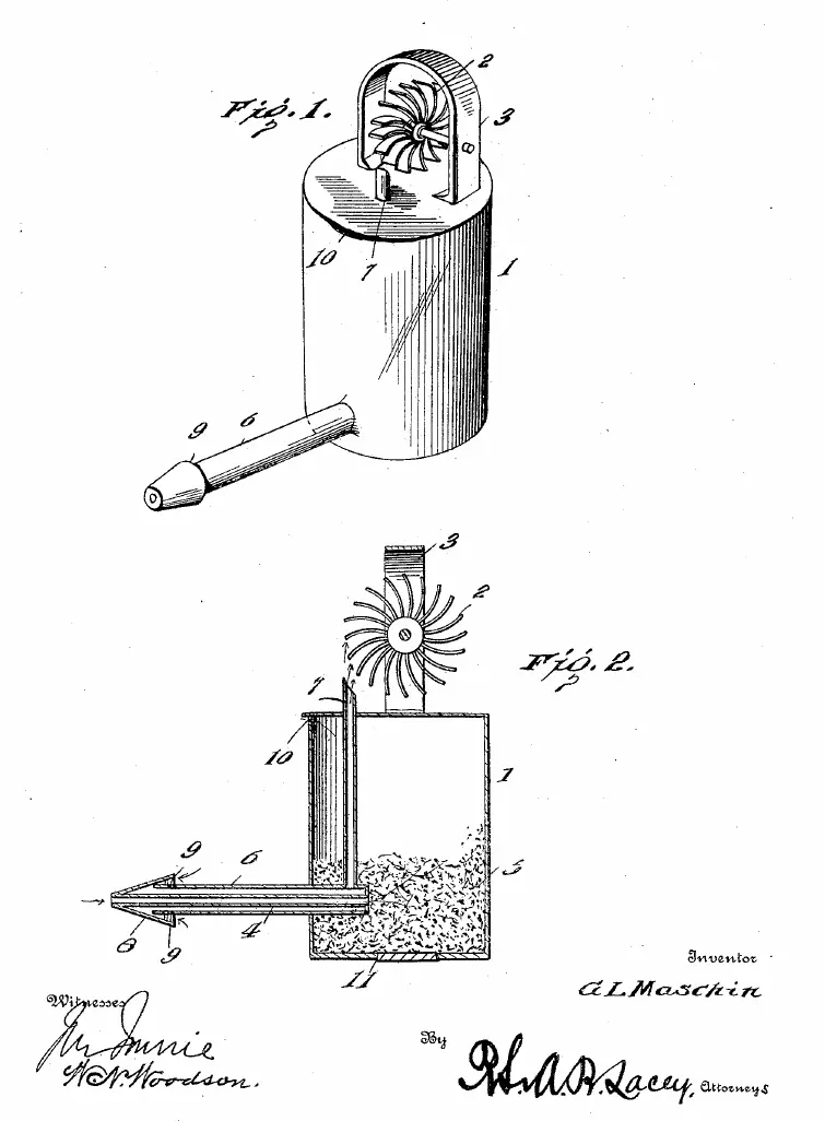 A &ldquo;trick: spirometer. Blowing into the mouthpiece did cause the wheel to turn, but also caused a powder such as flour or pepper to be blown in the face of the unsuspecting user.